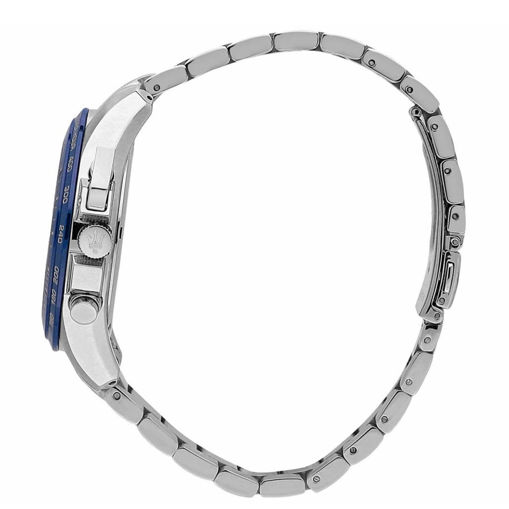 Side profile of Maserati Traguardo R8871612039 men's quartz battery watch showing 12mm thickness and silver finish