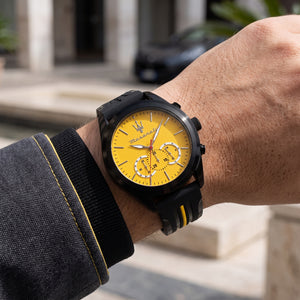 Live wrist shot of the Maserati Traguardo R8871612045 men's chronograph watch with black rubber strap.