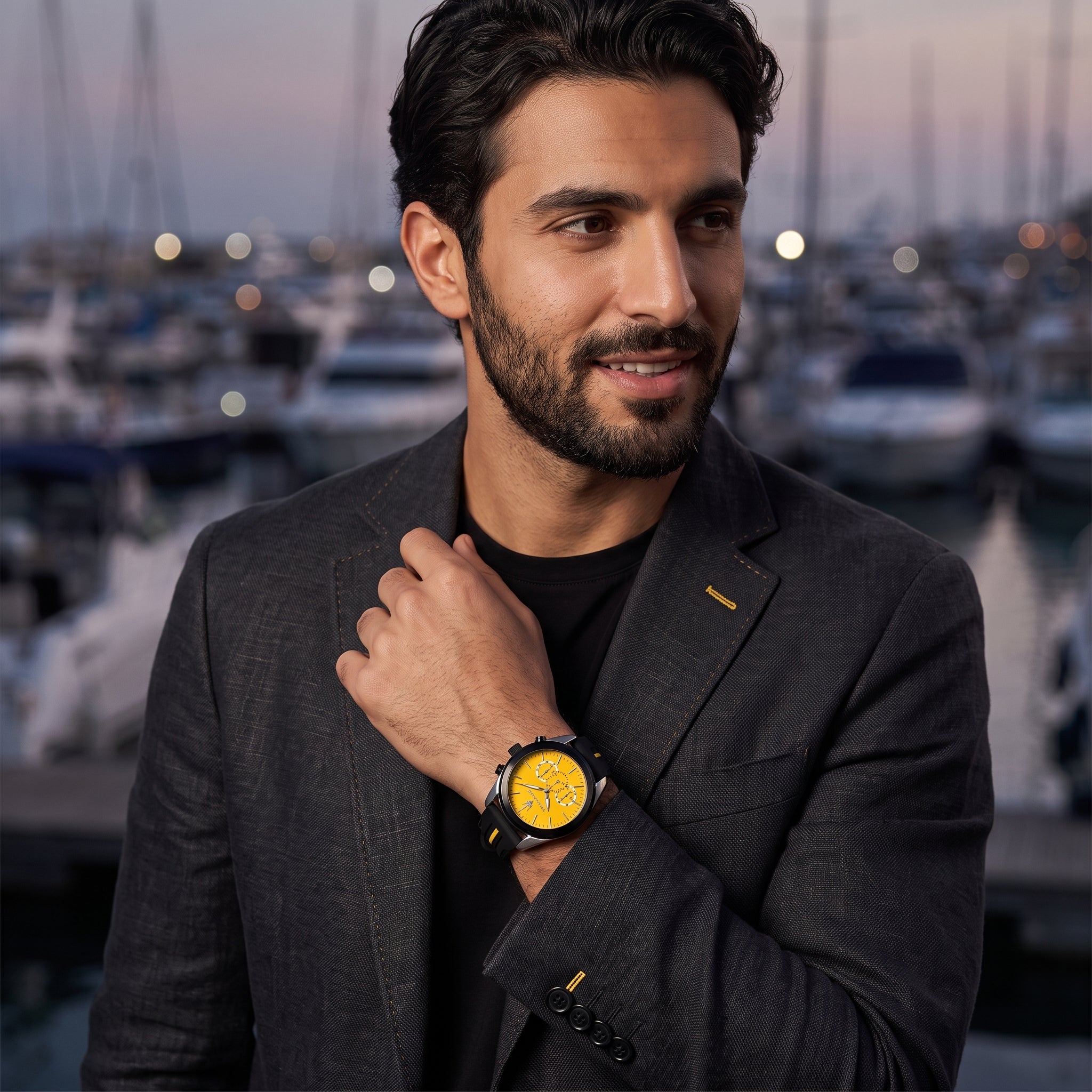 Lifestyle luxury shot featuring the Maserati Traguardo R8871612045 men's chronograph watch.