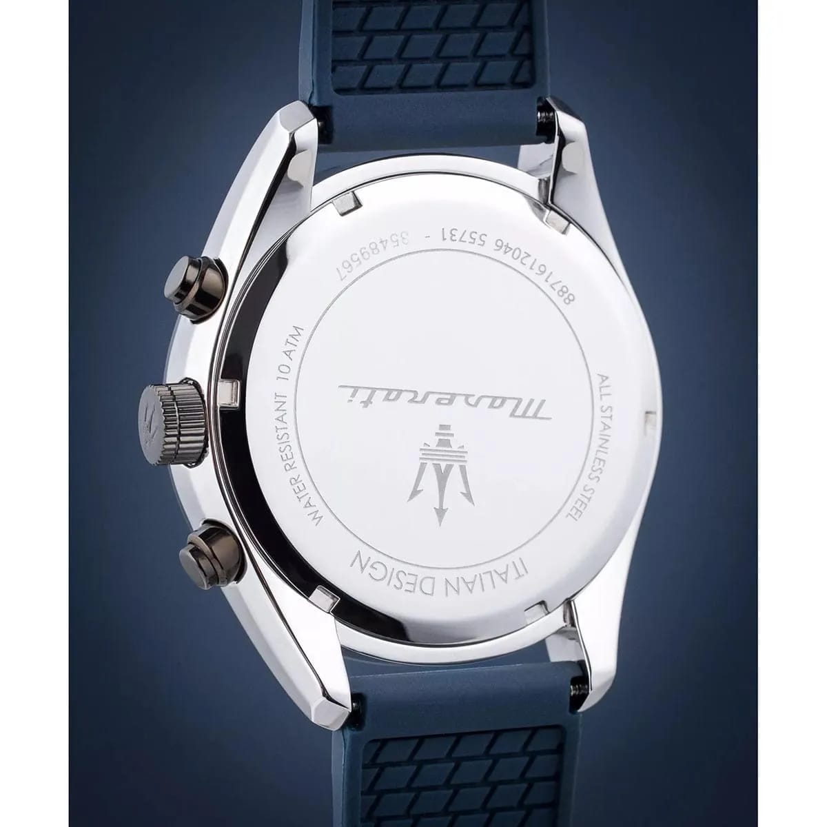 Stainless steel case back view of the Maserati R8871612046 showing the 10 ATM water resistance detail