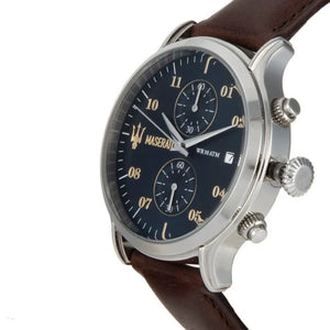 Left angled view of Maserati Epoca R8871618001 men's quartz battery watch showing brown leather strap and silver-tone case profile