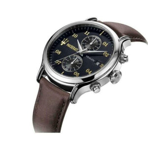 Right angled view of Maserati Epoca R8871618001 men's quartz battery watch highlighting silver finish and chronograph details