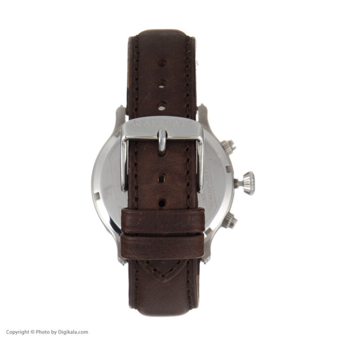 Caseback of Maserati Epoca R8871618001 men's quartz battery watch showing technical specs 100m water resistance and leather strap