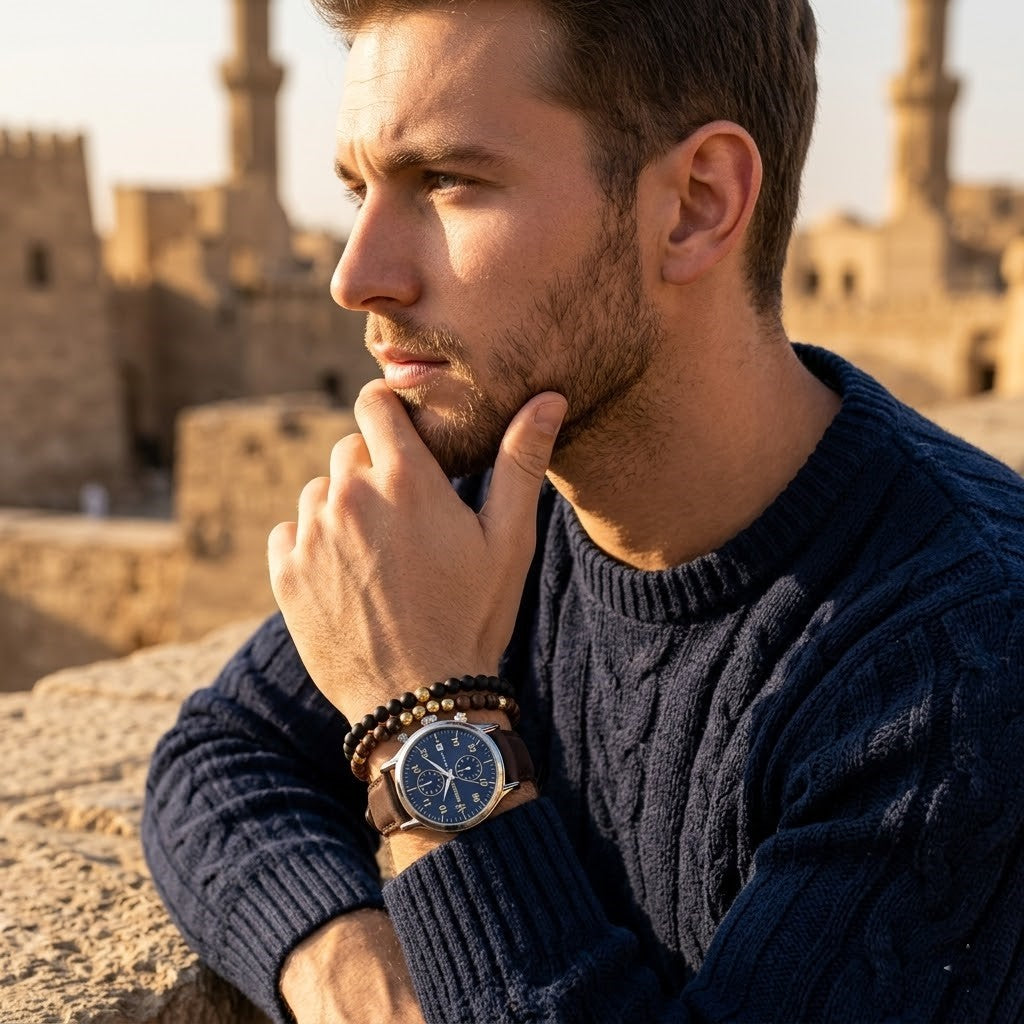 Elegant man wearing Maserati Epoca R8871618001 men's quartz battery watch with silver-tone case and luxury blue dial