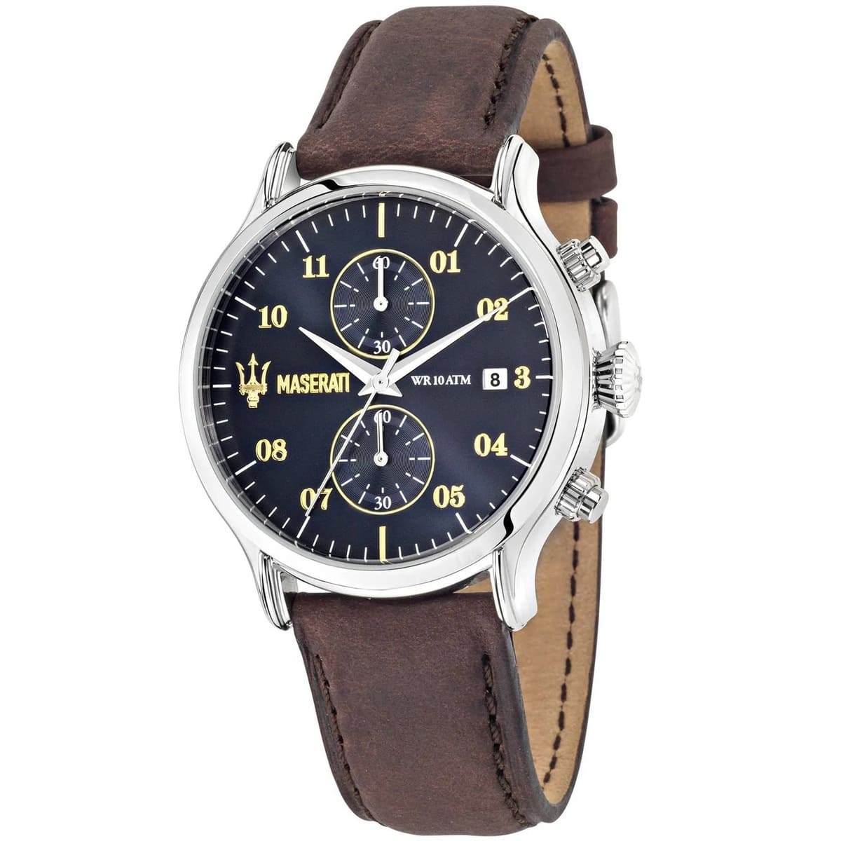 Maserati Epoca R8871618001 men's quartz battery watch with blue sunray dial, silver-tone case, brown leather strap main view