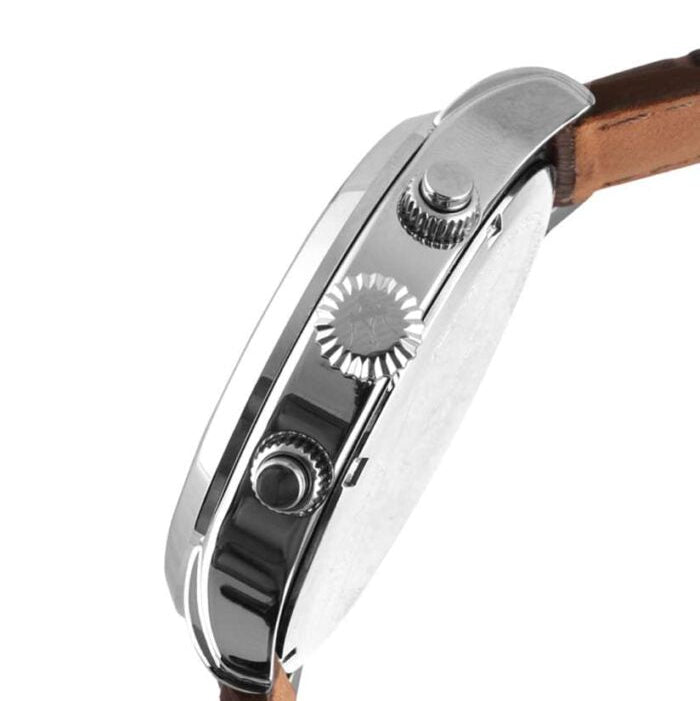 Side profile of Maserati Epoca R8871618001 men's quartz battery watch showing 11mm thickness and silver finish