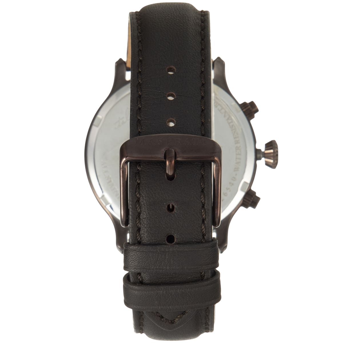 Caseback of Maserati Epoca R8871618006 men's quartz battery watch showing technical specs 100m water resistance and leather strap