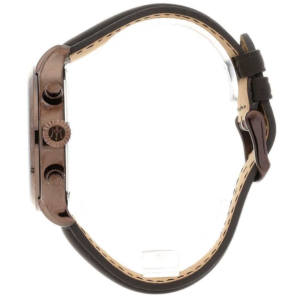 Detailed view of bronze-tone crown and pushers on Maserati Epoca R8871618006 men's quartz battery watch with brown dial