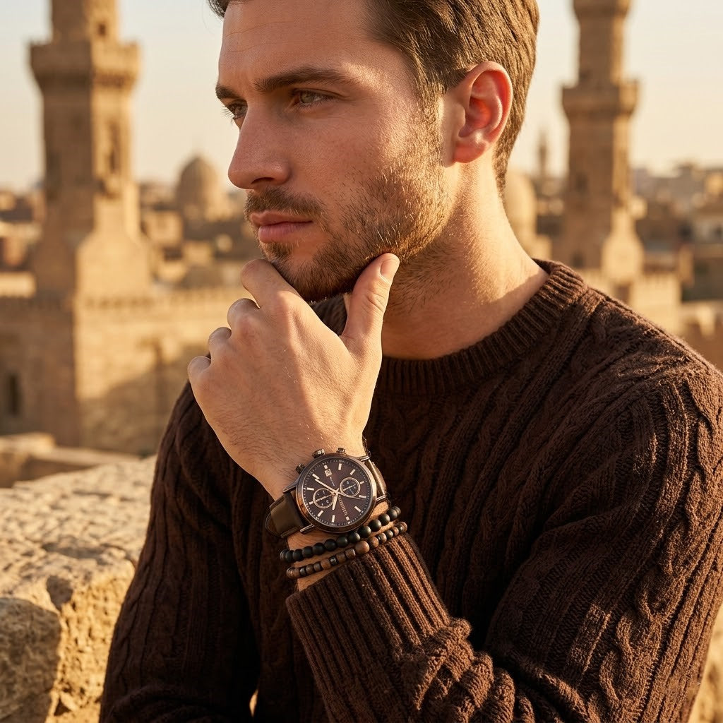 Elegant man wearing Maserati Epoca R8871618006 men's quartz battery watch with bronze case and luxury brown dial