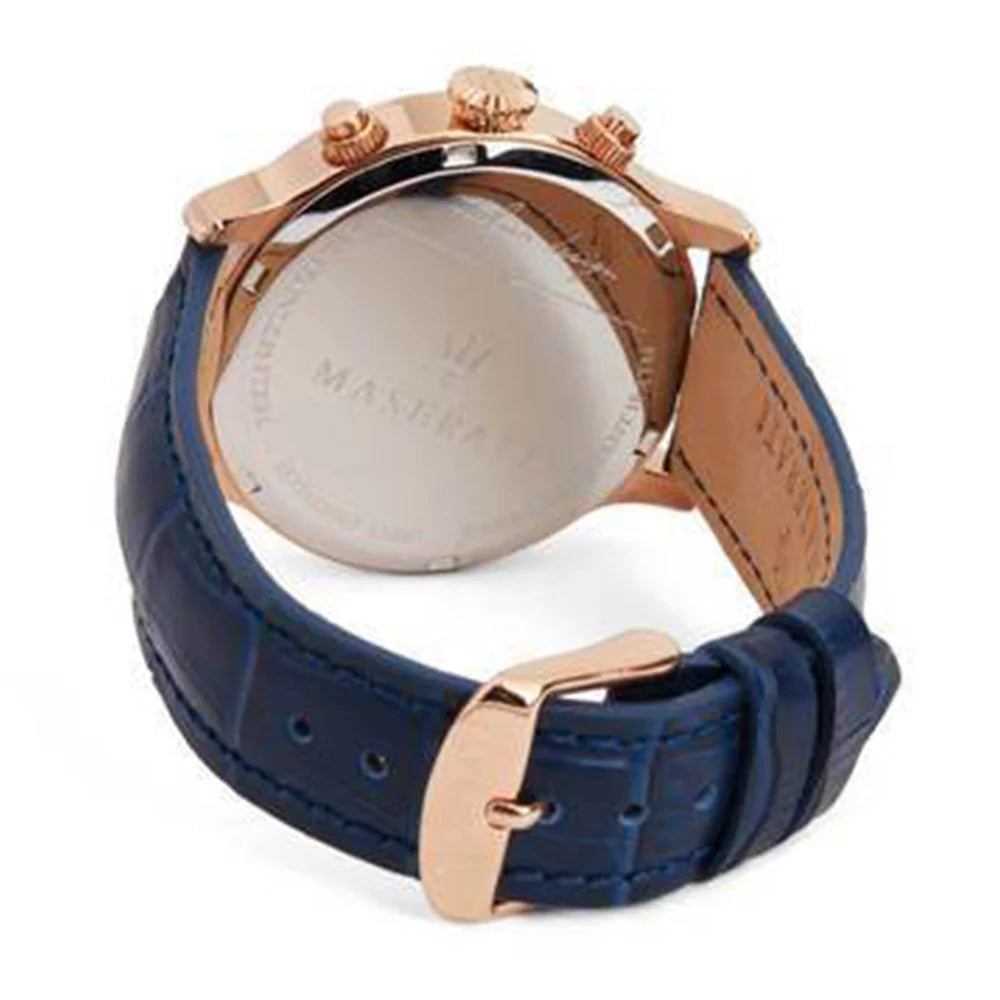 Rose gold-tone buckle clasp on Maserati Epoca R8871618007 men's quartz battery blue leather strap watch
