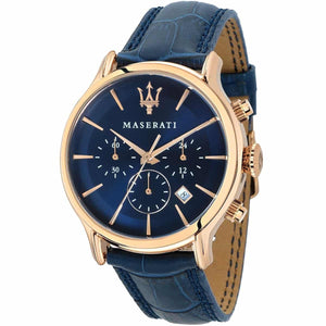 Maserati Epoca R8871618007 men's quartz battery watch with blue dial, rose gold-tone case, blue leather strap main view