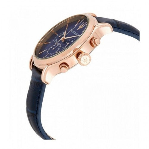 Side profile of Maserati Epoca R8871618007 men's quartz battery watch showing 11mm thickness and rose gold finish