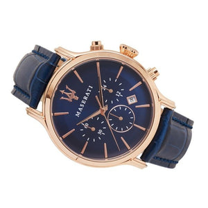 Side profile of Maserati Epoca R8871618007 men's quartz battery watch showing 11mm thickness and rose gold finish