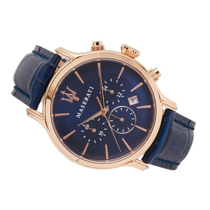 Side profile of Maserati Epoca R8871618007 men's quartz battery watch showing 11mm thickness and rose gold finish