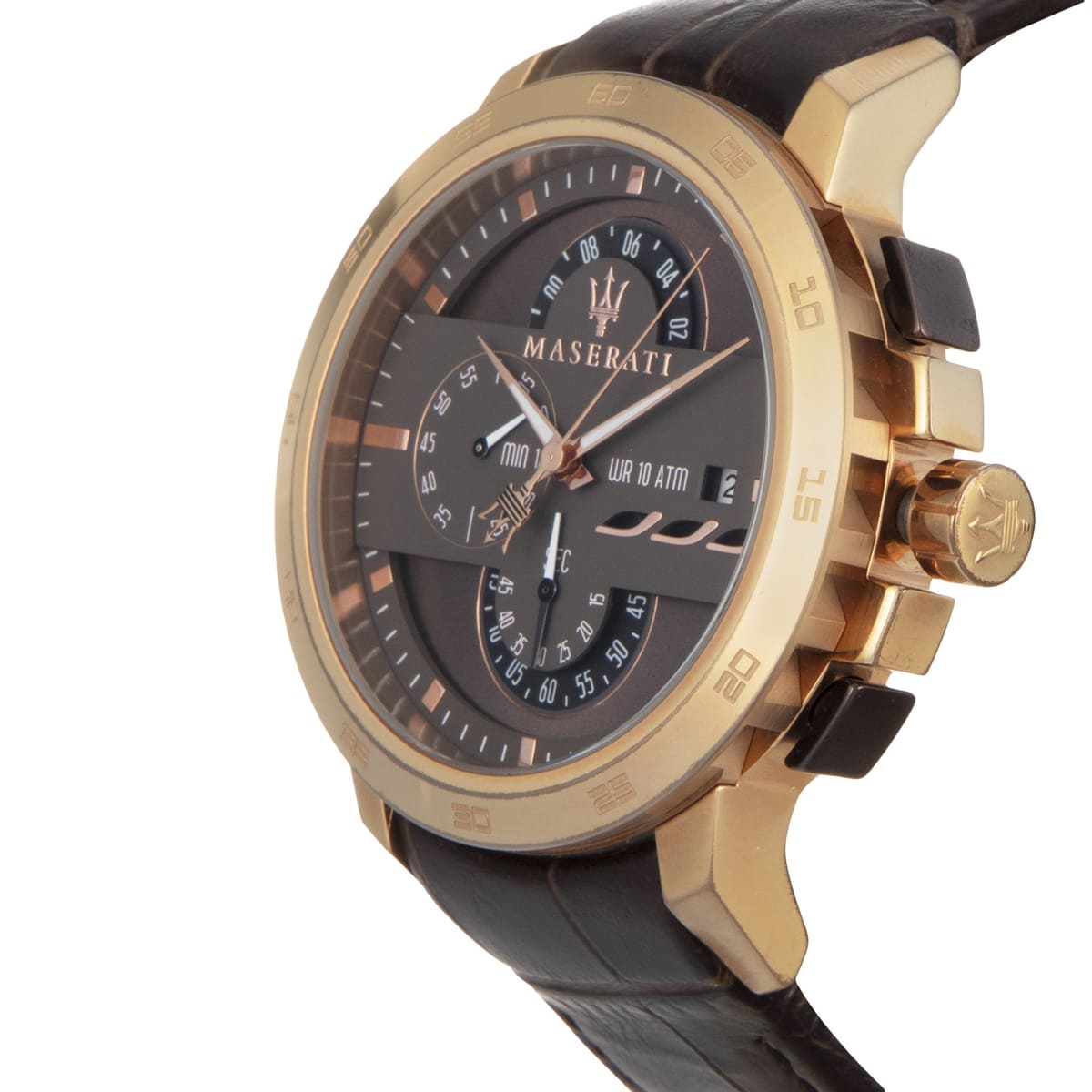 Right angled view of Maserati Ingegno R8871619001 men's quartz battery watch highlighting rose gold bezel and technical dial details