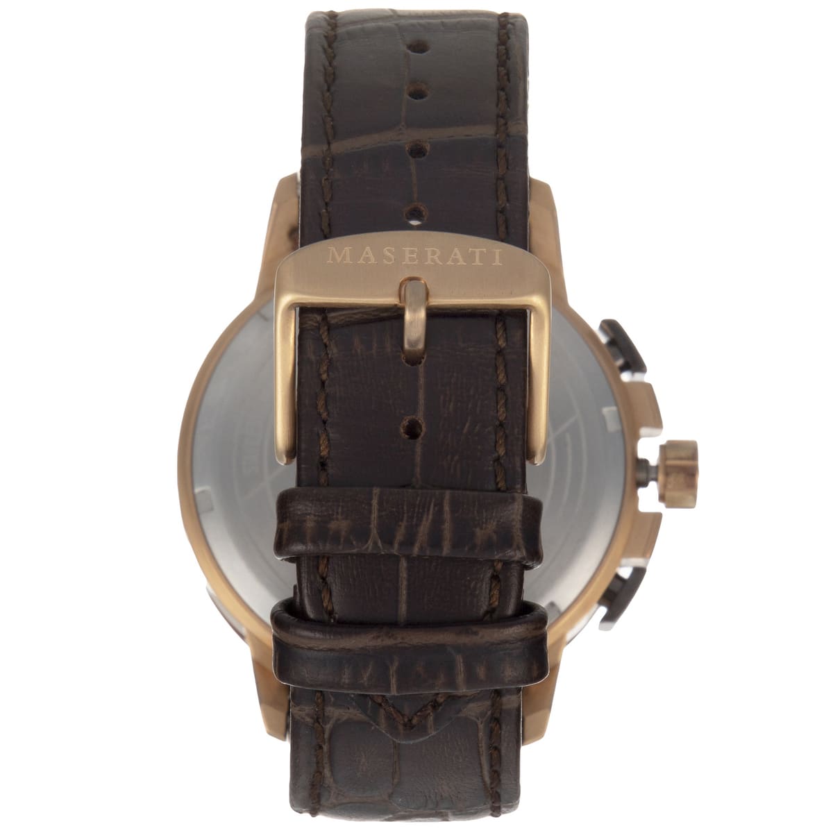 Caseback of Maserati Ingegno R8871619001 men's quartz battery watch showing technical specs 100m water resistance and leather strap