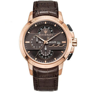 Maserati Ingegno R8871619001 men's quartz battery watch with brown dial, rose gold-tone case, brown leather strap main view