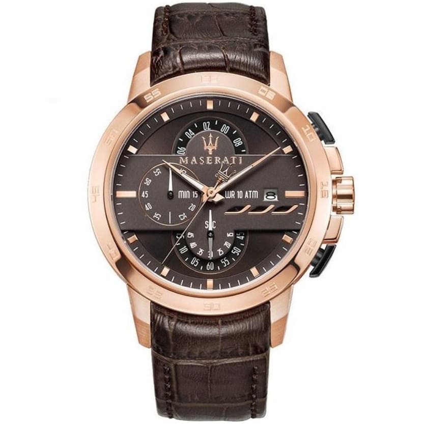 Maserati Ingegno R8871619001 men's quartz battery watch with brown dial, rose gold-tone case, brown leather strap main view