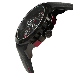Right angled view of Maserati Ingegno R8871619003 men's quartz battery watch highlighting gunmetal finish and red hand details