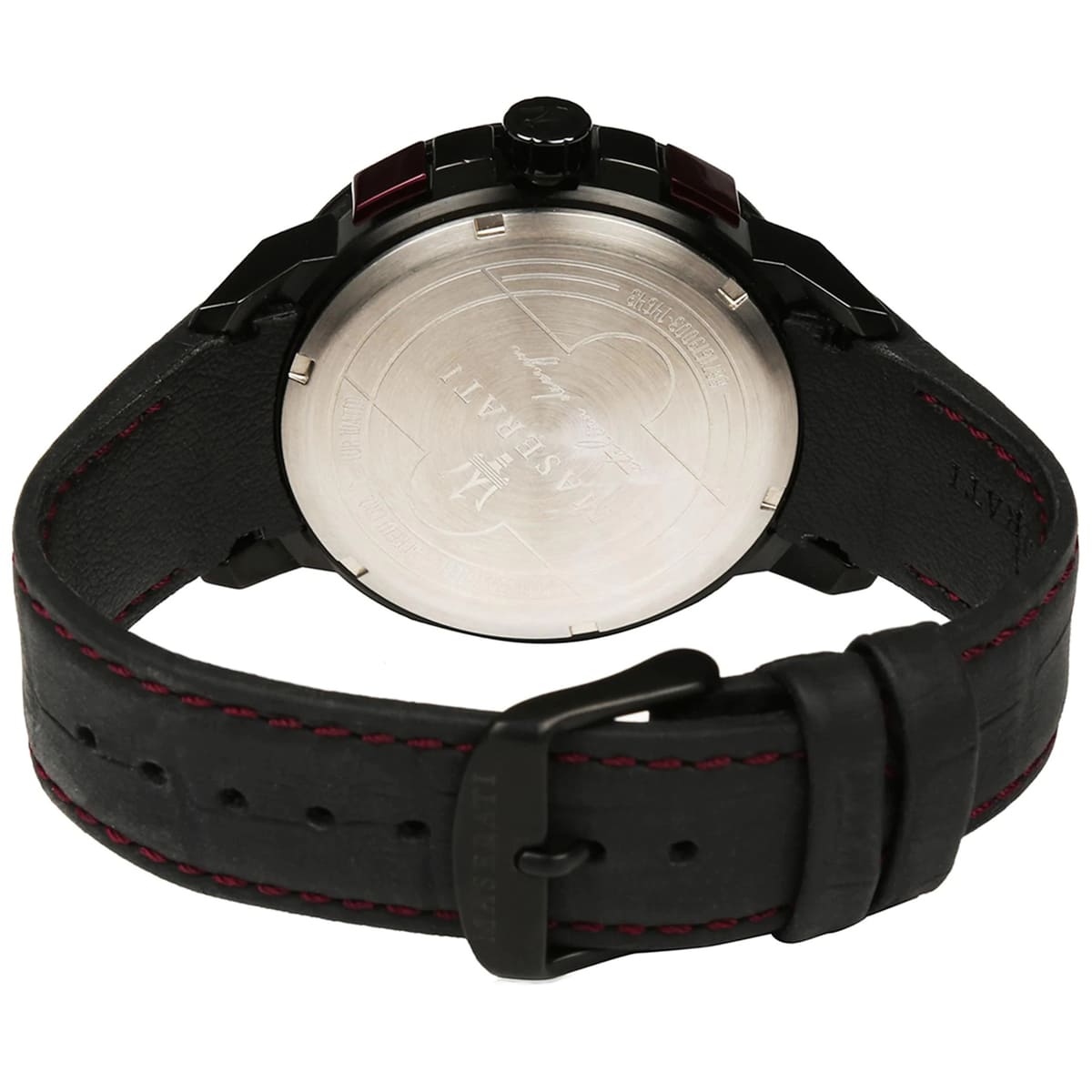 Caseback of Maserati Ingegno R8871619003 men's quartz battery watch showing technical specs 100m water resistance and leather strap
