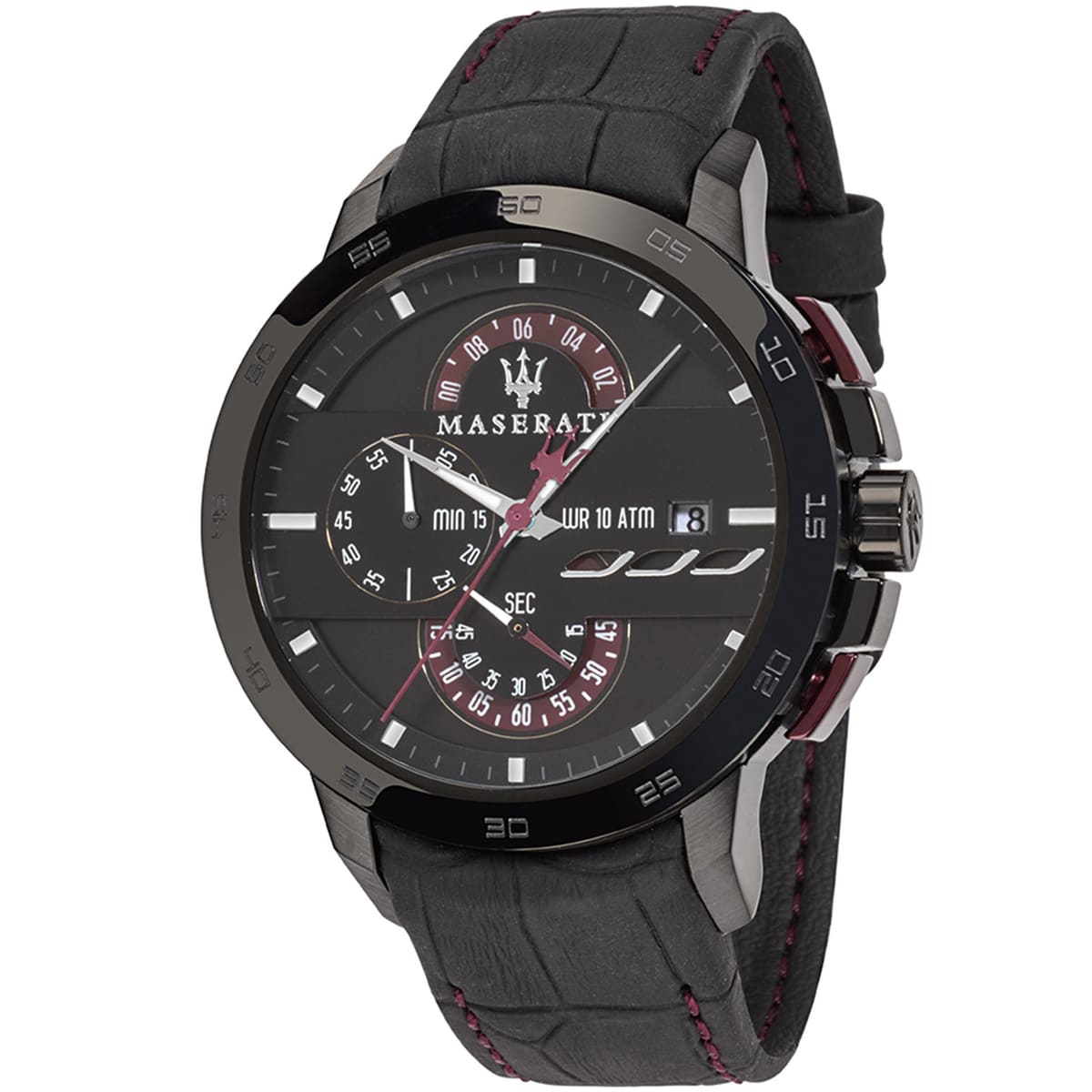 Maserati Ingegno R8871619003 men's quartz battery watch with black layered dial, gunmetal-tone case, black alligator-pattern leather strap main view