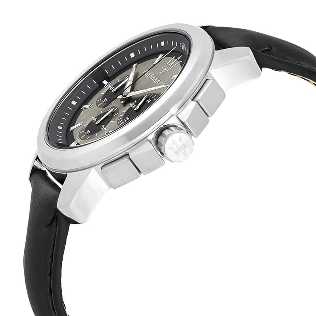 Right angled view of Maserati Successo R8871621006 men's quartz battery watch highlighting silver finish and chronograph sub-dial details