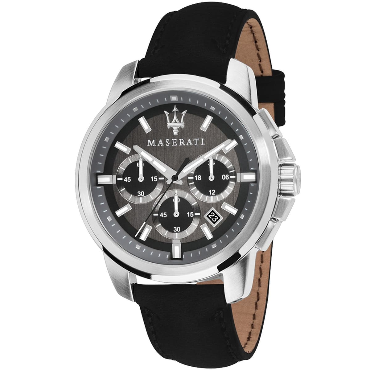 Maserati Successo R8871621006 men's quartz battery watch with gray sunray dial, silver-tone case, black leather strap main view