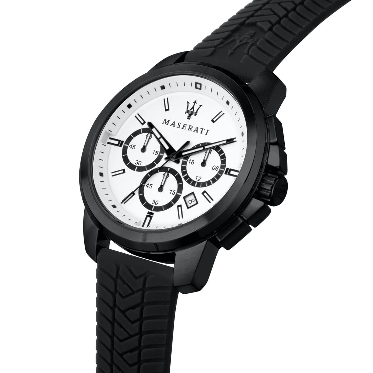 Right angled view of Maserati Successo R8871621010 men's quartz battery watch highlighting black finish and rubber strap texture