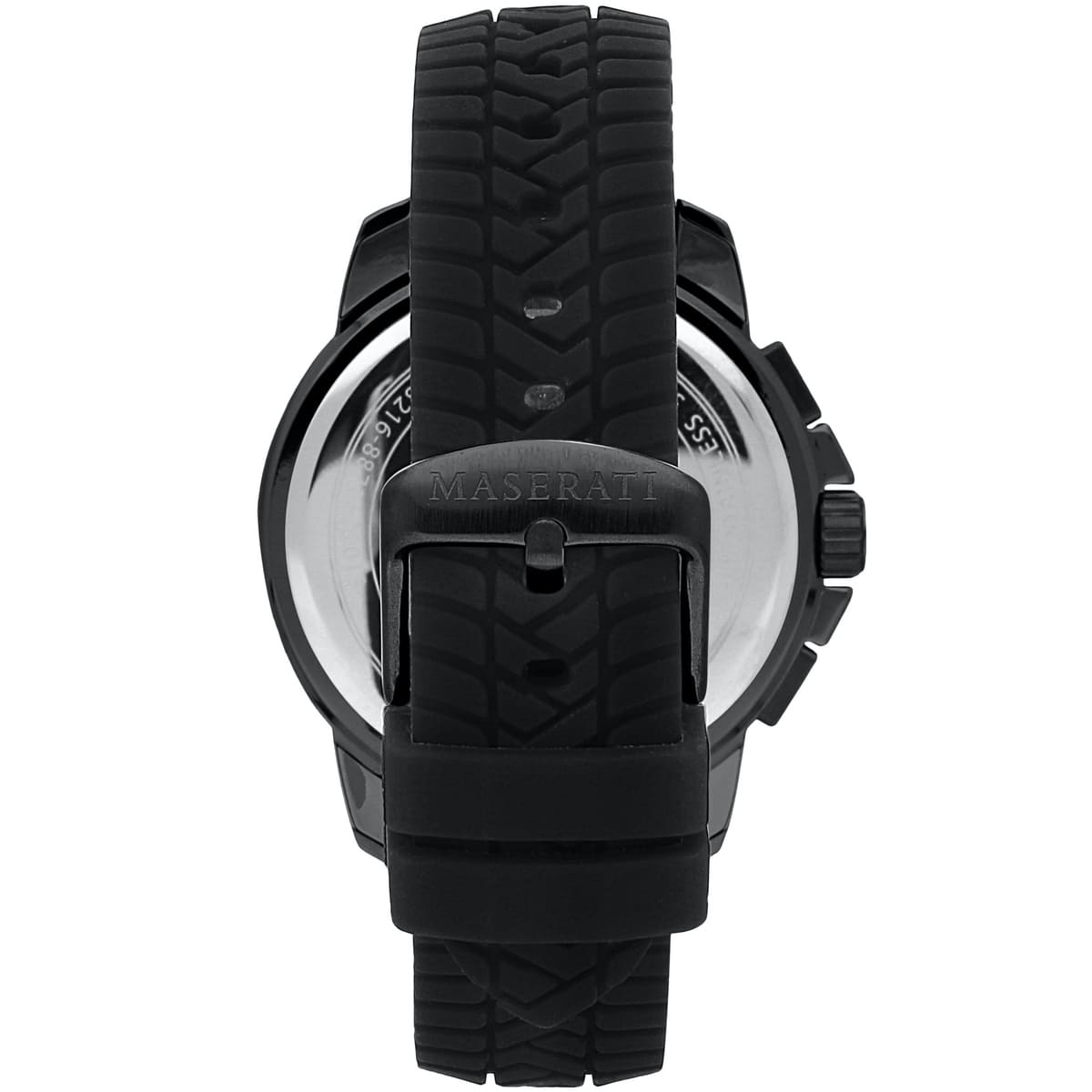 Black-tone buckle clasp on Maserati Successo R8871621010 men's quartz battery black rubber strap watch