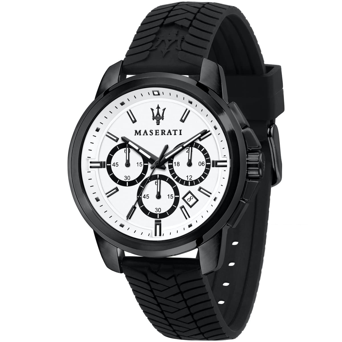 Maserati Successo R8871621010 men's quartz battery watch with white dial, black sub-dials, black-tone case, black tire-tread rubber strap main view