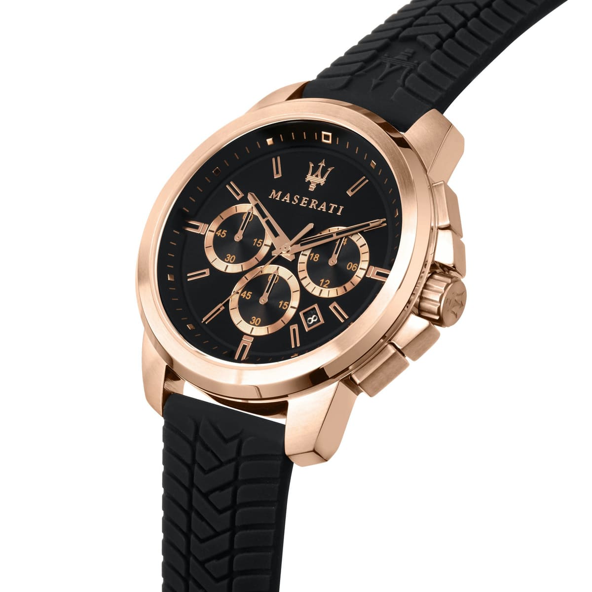 Right angled view of Maserati Successo R8871621012 men's quartz battery watch highlighting rose gold finish and rubber strap texture