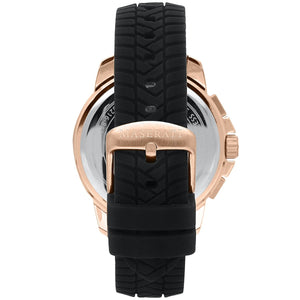Rose gold-tone buckle clasp on Maserati Successo R8871621012 men's quartz battery black rubber strap watch