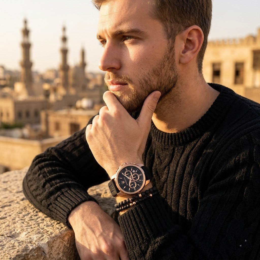 Elegant man wearing Maserati Successo R8871621012 men's quartz battery watch with rose gold case and luxury black dial