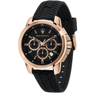 Maserati Successo R8871621012 men's quartz battery watch with black dial, rose gold-tone case, black tire-tread rubber strap main view