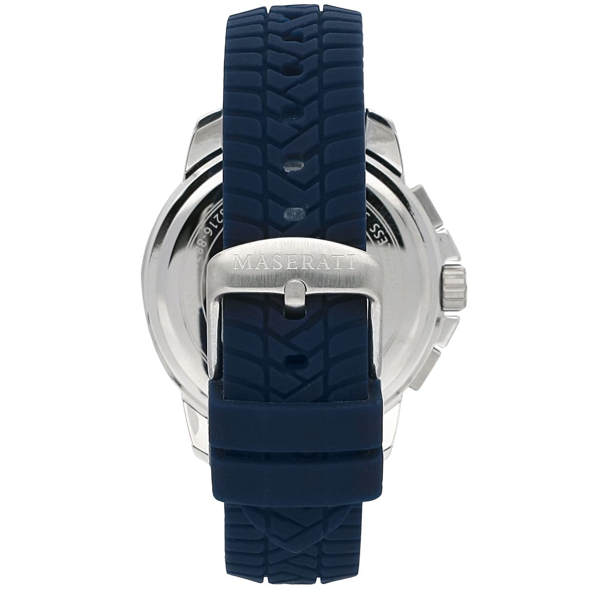 Silver-tone buckle clasp on Maserati Successo R8871621013 men's quartz battery blue rubber strap watch