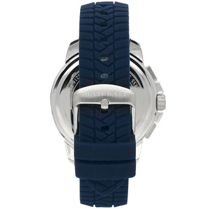 Silver-tone buckle clasp on Maserati Successo R8871621013 men's quartz battery blue rubber strap watch