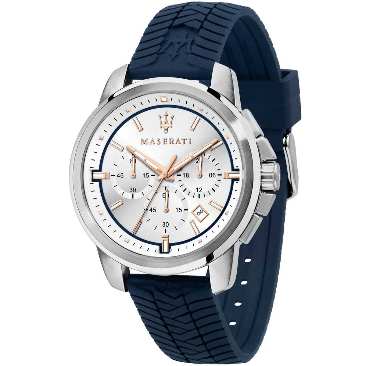 Maserati Successo R8871621013 men's quartz battery watch with silver dial, silver-tone case, blue rubber strap main view