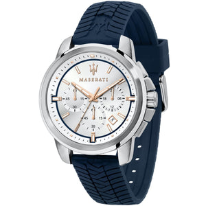 Maserati Successo R8871621013 men's quartz battery watch with silver dial, silver-tone case, blue rubber strap main view