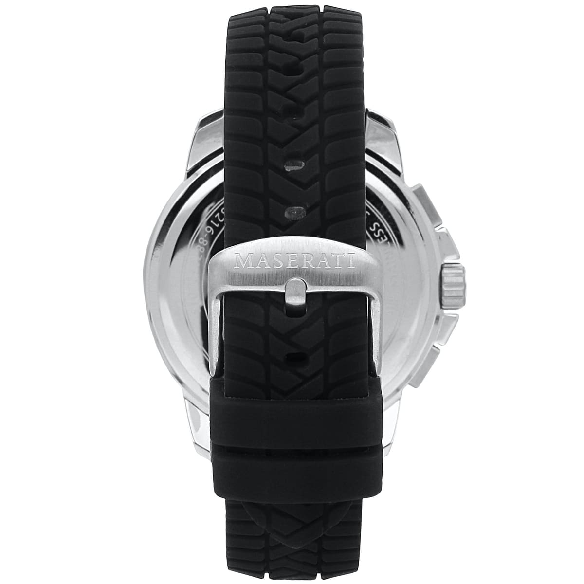 Caseback of Maserati Successo R8871621014 men's quartz battery watch showing technical specs 50m water resistance and rubber strap