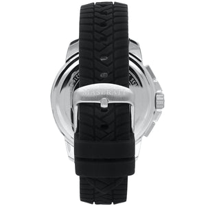 Caseback of Maserati Successo R8871621014 men's quartz battery watch showing technical specs 50m water resistance and rubber strap