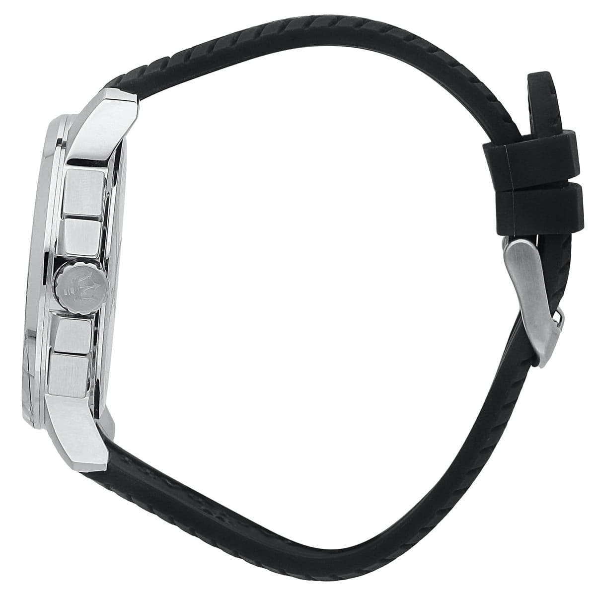 Detailed view of silver-tone crown and pushers on Maserati Successo R8871621014 men's quartz battery watch with black dial