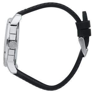 Detailed view of silver-tone crown and pushers on Maserati Successo R8871621014 men's quartz battery watch with black dial