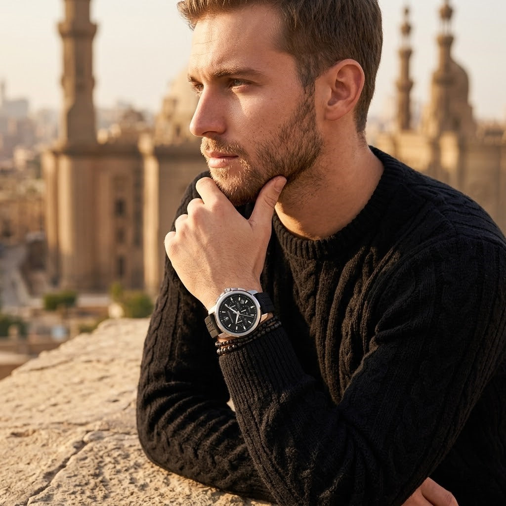 Elegant man wearing Maserati Successo R8871621014 men's quartz battery watch with silver-tone case and sporty black rubber strap