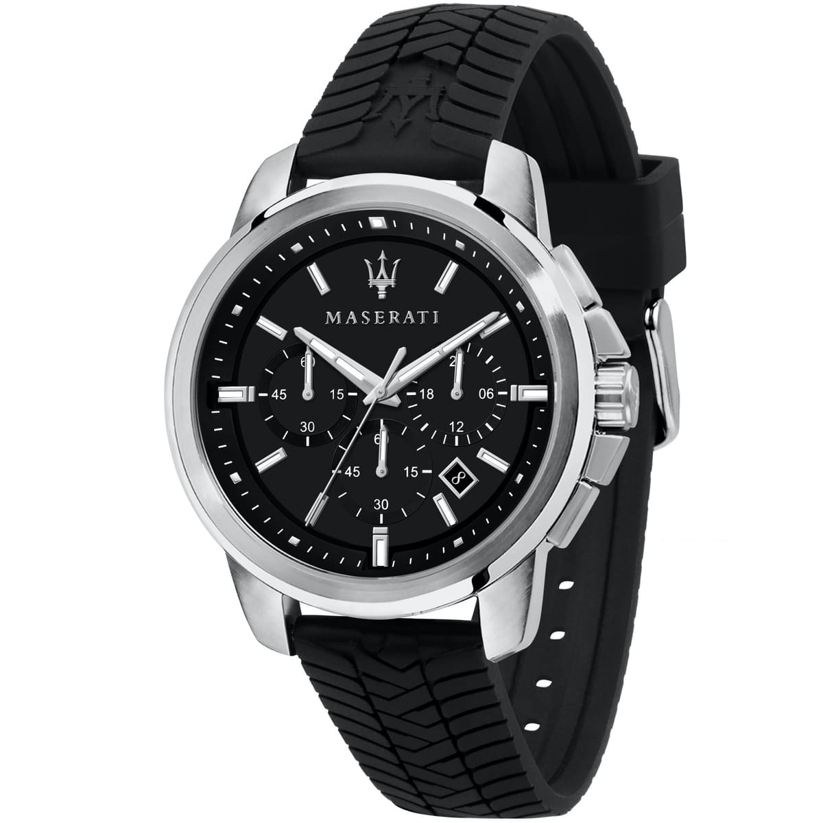Maserati Successo R8871621014 men's quartz battery watch with black dial, silver-tone case, black rubber strap main view