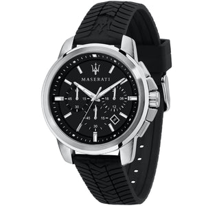 Maserati Successo R8871621014 men's quartz battery watch with black dial, silver-tone case, black rubber strap main view