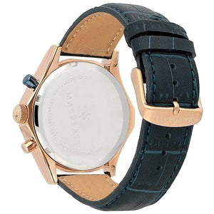 Caseback of Maserati Circuito R8871627002 men's quartz battery watch showing technical specs 100m water resistance and leather strap