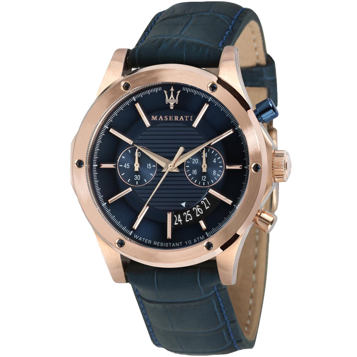 Maserati Circuito R8871627002 men's quartz battery watch with blue racing dial, rose gold-tone case, blue alligator-pattern leather strap main view
