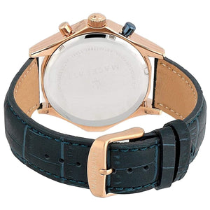 Caseback of Maserati Circuito R8871627002 men's quartz battery watch showing technical specs 100m water resistance and leather strap