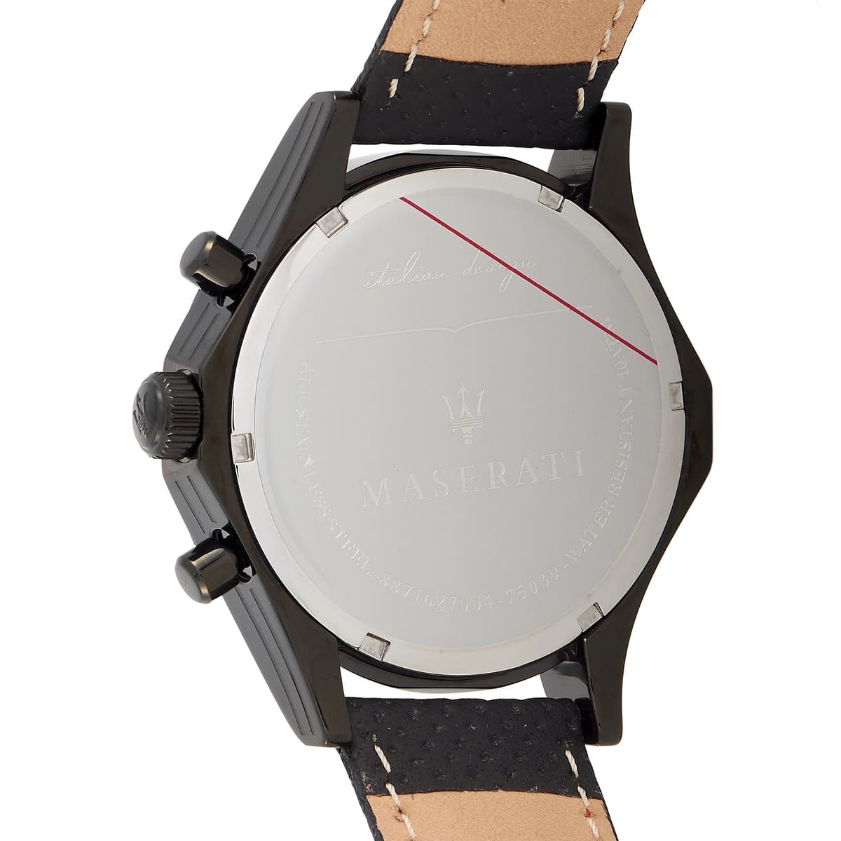 Caseback of Maserati Circuito R8871627004 men's quartz battery watch showing technical specs 100m water resistance and leather strap