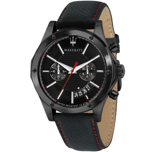 Maserati Circuito R8871627004 men's quartz battery watch with black racing dial, black-tone case, perforated black leather strap with red stitching main view